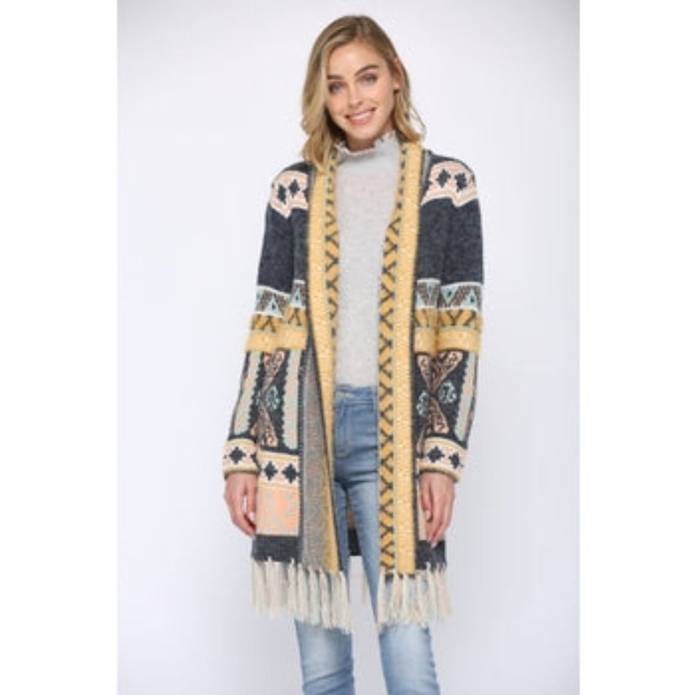 NEW Aztec Print Fringe Cardigan- Dark Blue Combo